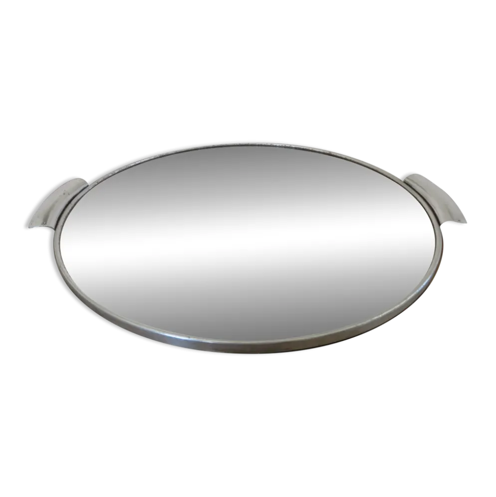 Plateau miroir rond, en métal chromé, art déco, années 30-40