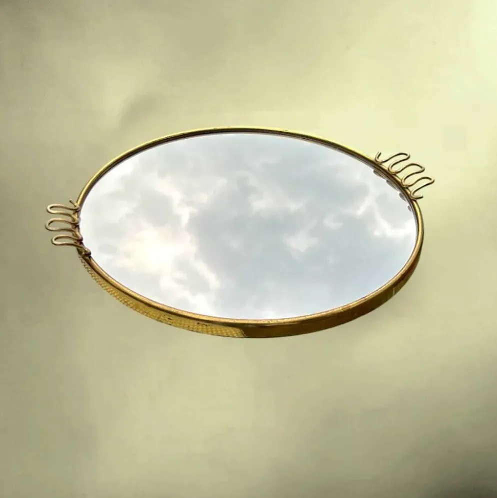 Plateau miroir rond en métal doré style Josef Frank - années 50 60