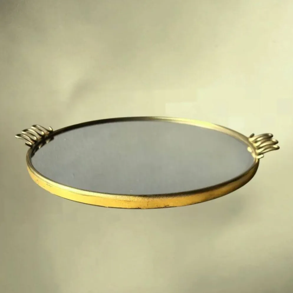 Plateau miroir rond en métal doré style Josef Frank - années 50 60