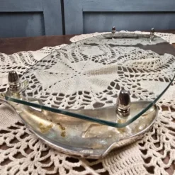 Plateau ou plat de service à poisson SILEA en verre, poignées poissons argentés