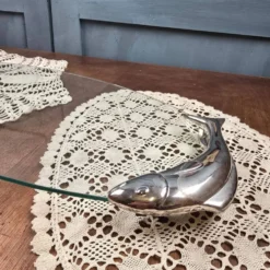 Plateau ou plat de service à poisson SILEA en verre, poignées poissons argentés