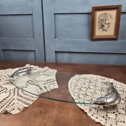 Plateau ou plat de service à poisson SILEA en verre, poignées poissons argentés