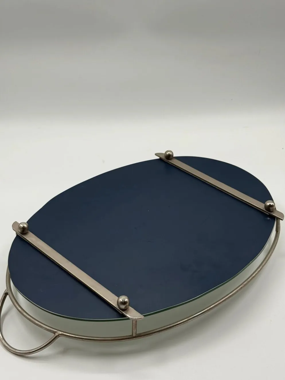 Plateau ovale mid-century en chrome et miroir