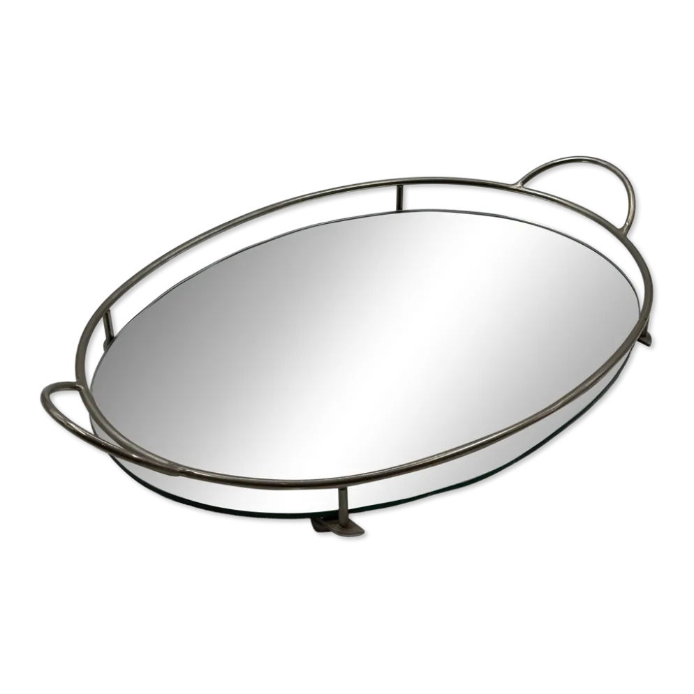 Plateau ovale mid-century en chrome et miroir