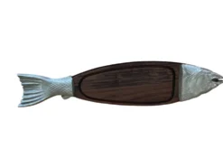 Plateau poisson vintage bois et métal, acheté chez Fauchon Paris, années 60