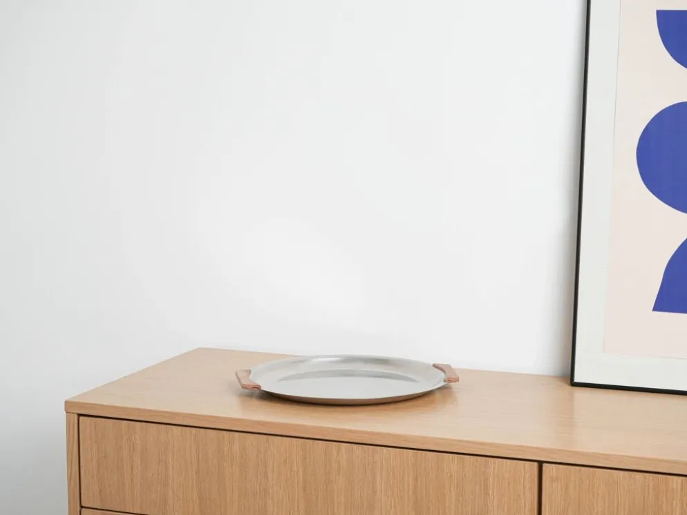 Plateau rond en acier inoxydable, design danois, années 1970, fabriqué au Danemark