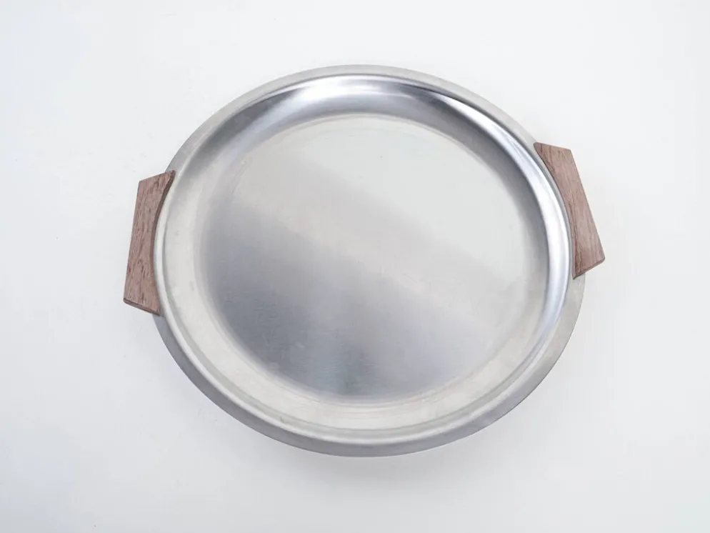 Plateau rond en acier inoxydable, design danois, années 1970, fabriqué au Danemark