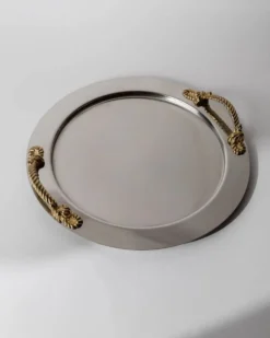 Plateau rond vintage en acier inoxydable des années 1980, poignées corde dorées, Inoxpran Italie