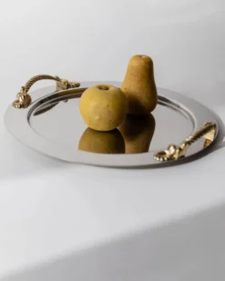 Plateau rond vintage en acier inoxydable des années 1980, poignées corde dorées, Inoxpran Italie