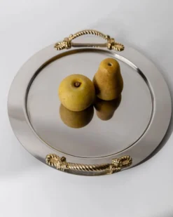 Plateau rond vintage en acier inoxydable des années 1980, poignées corde dorées, Inoxpran Italie