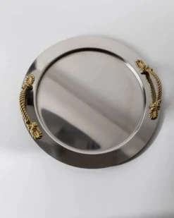 Plateau rond vintage en acier inoxydable des années 1980, poignées corde dorées, Inoxpran Italie