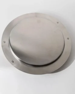 Plateau rond vintage en acier inoxydable des années 1980, poignées corde dorées, Inoxpran Italie
