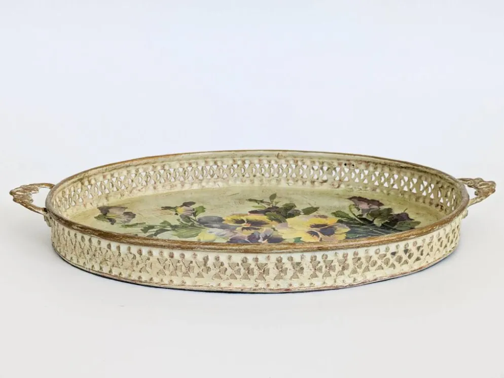 Plateau vintage décoratif métal découpage oval avec motif floral