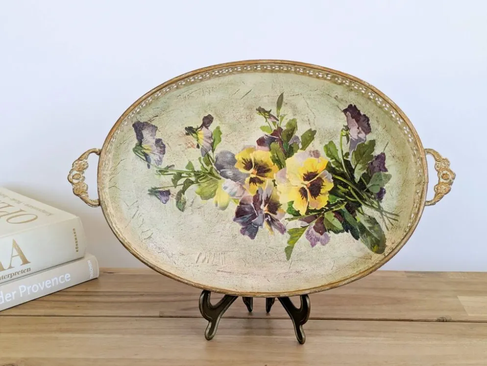 Plateau vintage décoratif métal découpage oval avec motif floral
