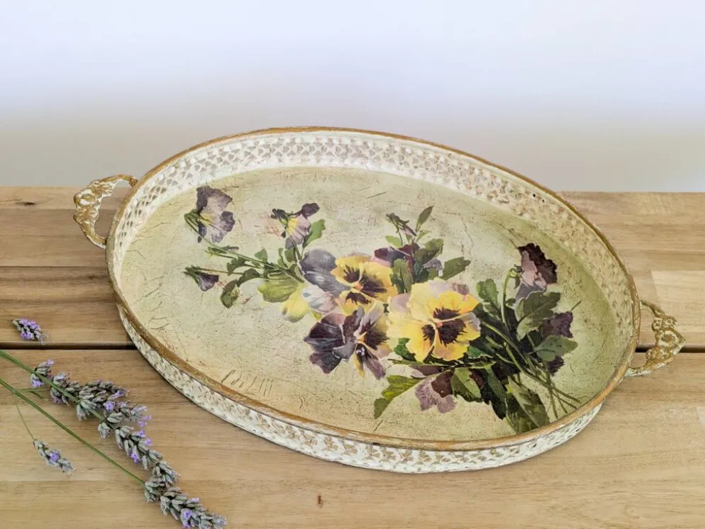 Plateau vintage décoratif métal découpage oval avec motif floral