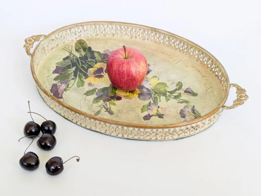Plateau vintage décoratif métal découpage oval avec motif floral