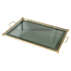 Plateau vintage en bambou doré - plaqué or avec verre fumé - design bambou - Hollywood Regency - années 1960