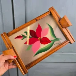 Plateau vintage en bois & verre peint à la main – Fleur stylisée signée Janette