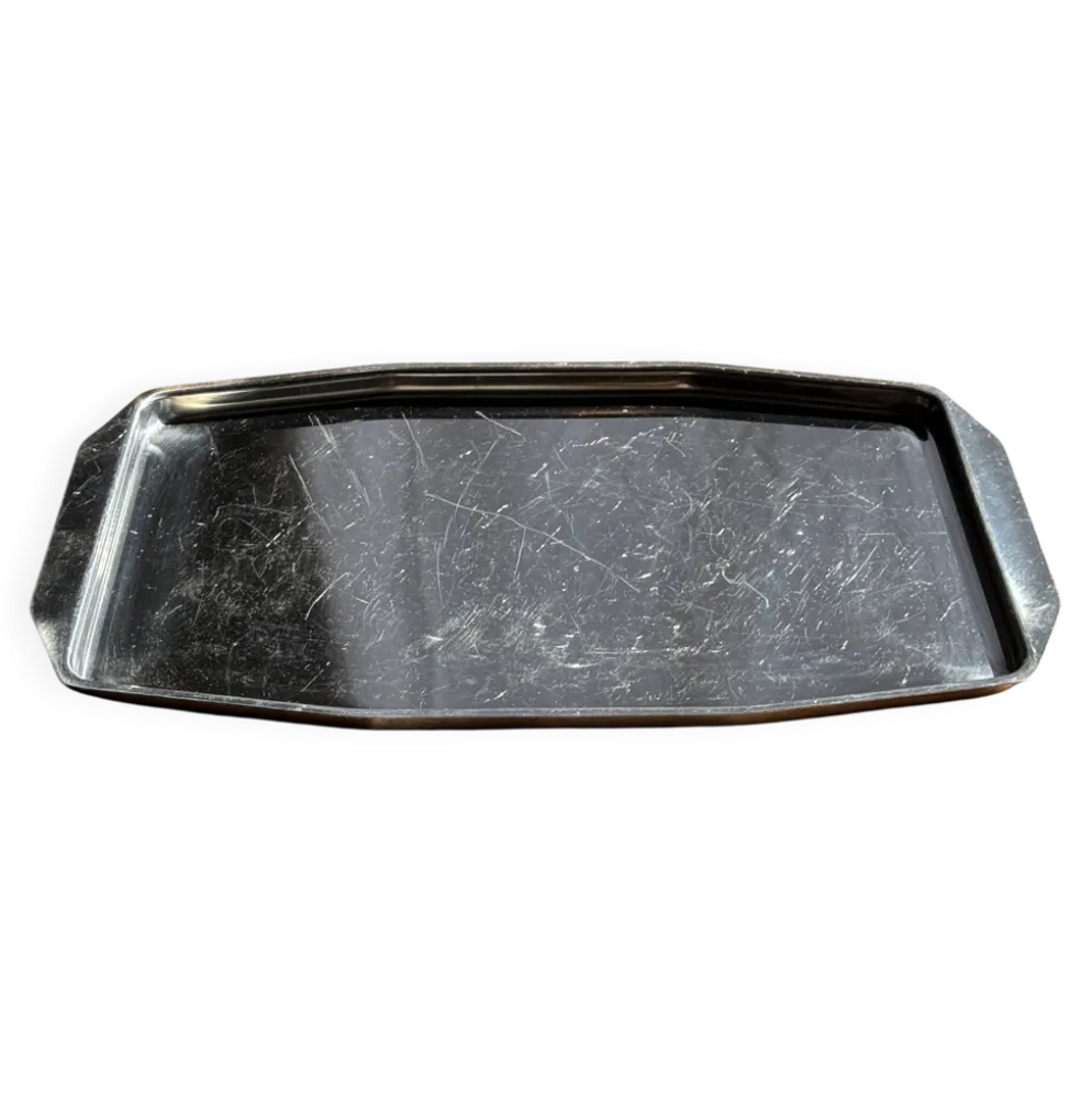 Plateau vintage rectangulaire en métal argenté à anses L37 Lg27 H1,5