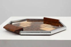 Plateau à whisky Art Déco en métal et bois, Belgique années 1920