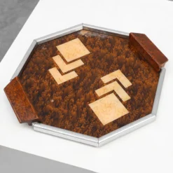 Plateau à whisky Art Déco en métal et bois, Belgique années 1920
