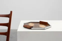 Plateau à whisky Art Déco en métal et bois, Belgique années 1920
