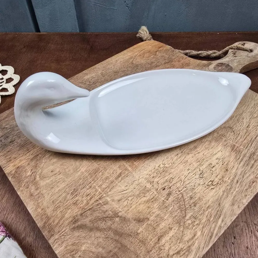 Plat à foie gras en céramique blanche forme canard