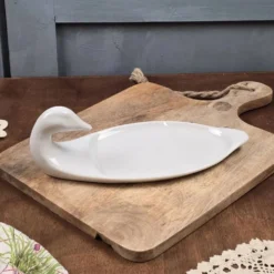 Plat à foie gras en céramique blanche forme canard