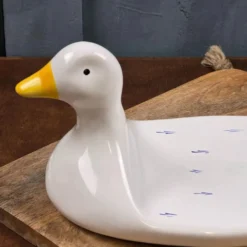Plat à foie gras en céramique – décor bleu et blanc, forme canard