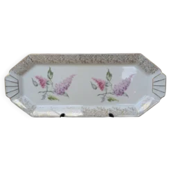 Plat à gâteau cake en porcelaine émail de Limoges LF décor fleurs de lilas