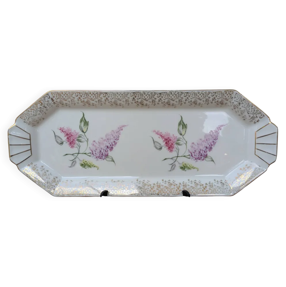 Plat à gâteau cake en porcelaine émail de Limoges LF décor fleurs de lilas