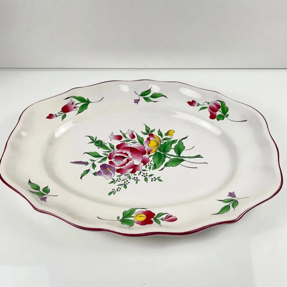 Plat ovale à bout plat modèle Réverbère par KG Lunéville, motif rose