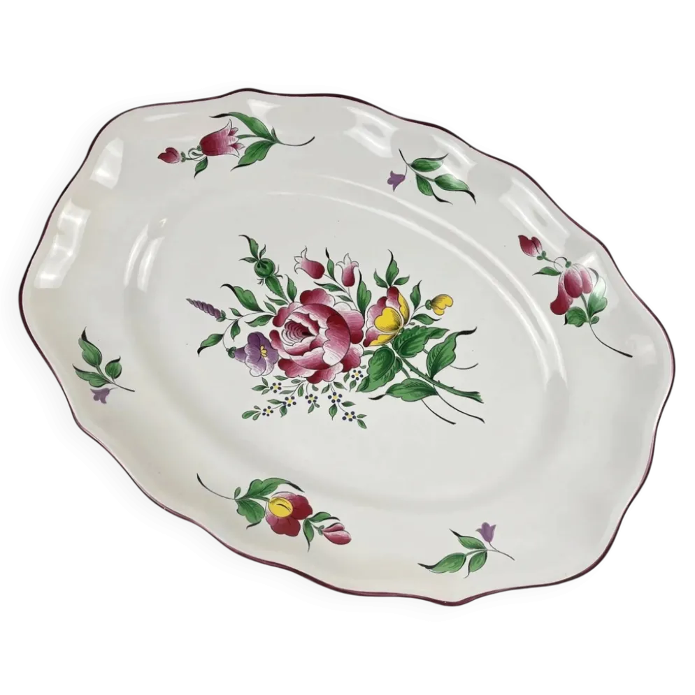 Plat ovale à bout plat modèle Réverbère par KG Lunéville, motif rose