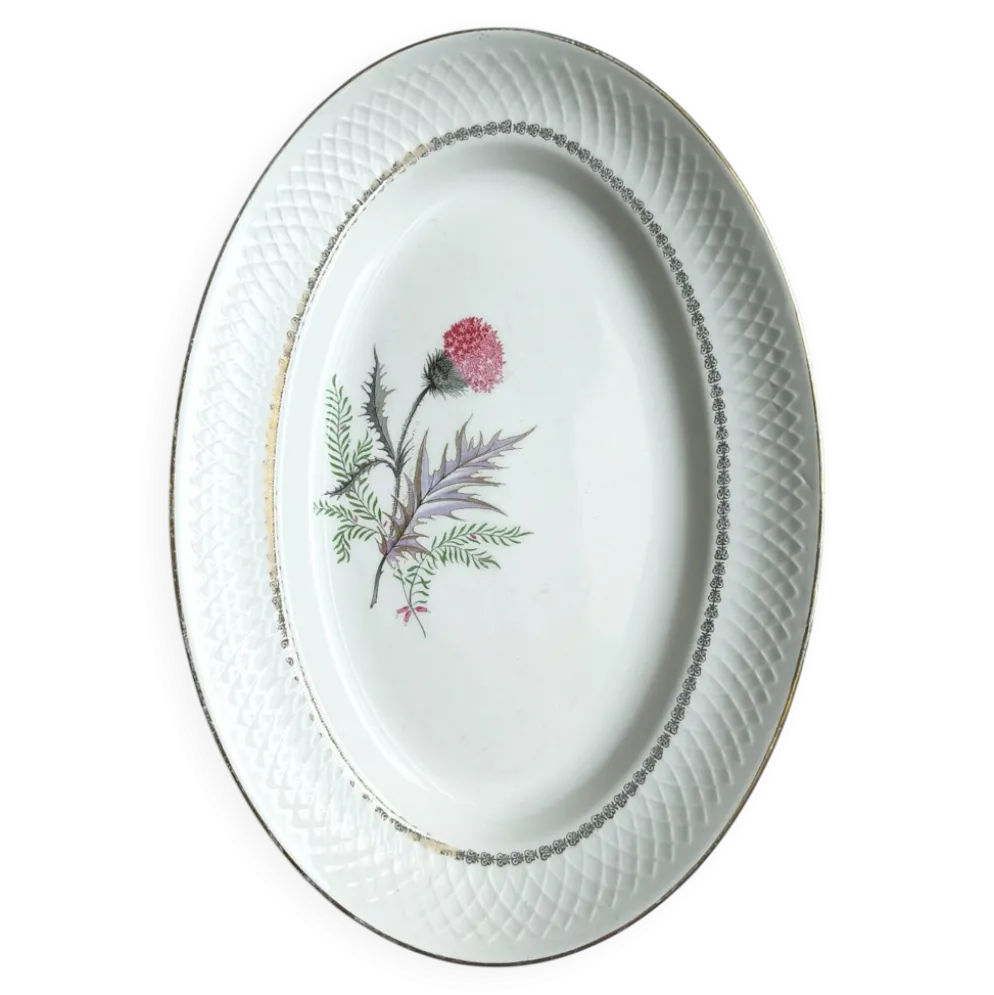Plat ovale vintage signé Moulin des loups modèle Imperia fleur rose