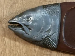 Plat poisson vintage bois et Métal– plateau de service saumon/truite –