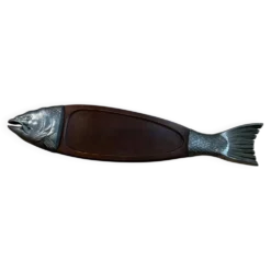 Plat poisson vintage bois et Métal– plateau de service saumon/truite –