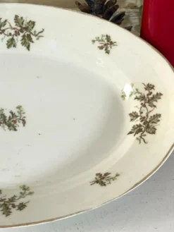Plat profond vintage en houx français, plat de service de Noël, grand ovale