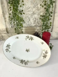 Plat profond vintage en houx français, plat de service de Noël, grand ovale