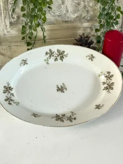 Plat profond vintage en houx français, plat de service de Noël, grand ovale