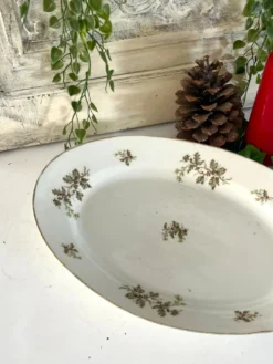 Plat profond vintage en houx français, plat de service de Noël, grand ovale