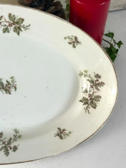 Plat profond vintage en houx français, plat de service de Noël, grand ovale