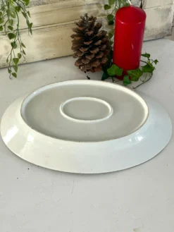 Plat profond vintage en houx français, plat de service de Noël, grand ovale
