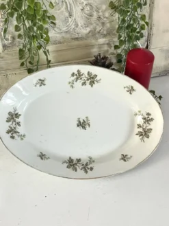 Plat profond vintage en houx français, plat de service de Noël, grand ovale