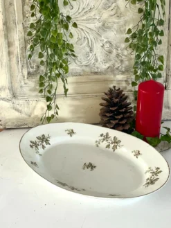 Plat profond vintage en houx français, plat de service de Noël, grand ovale