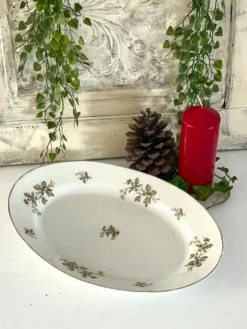 Plat profond vintage en houx français, plat de service de Noël, grand ovale