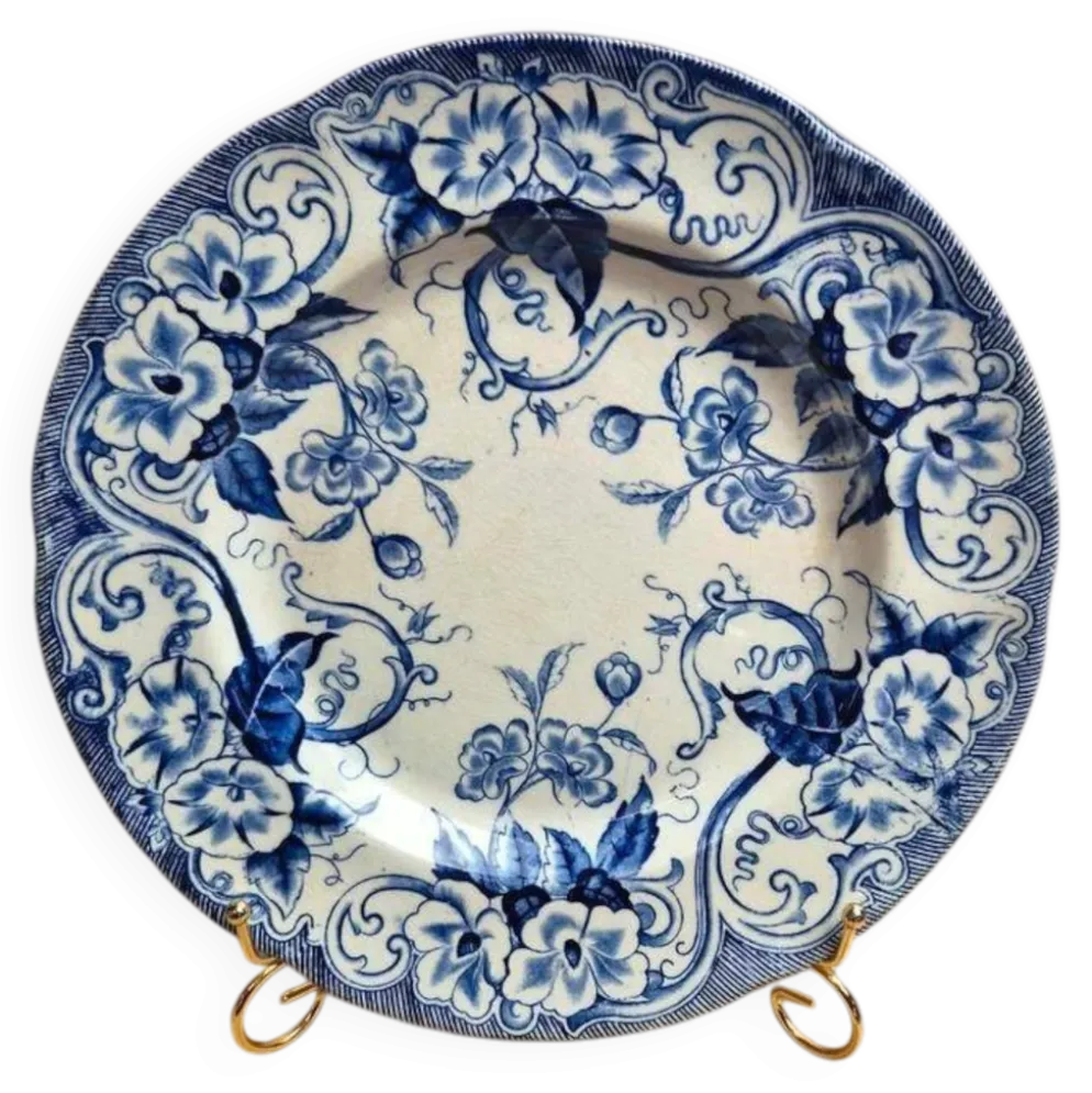 Plat rond Terre de Fer Creil et Montereau Flora – bleu ancien – 29 cm