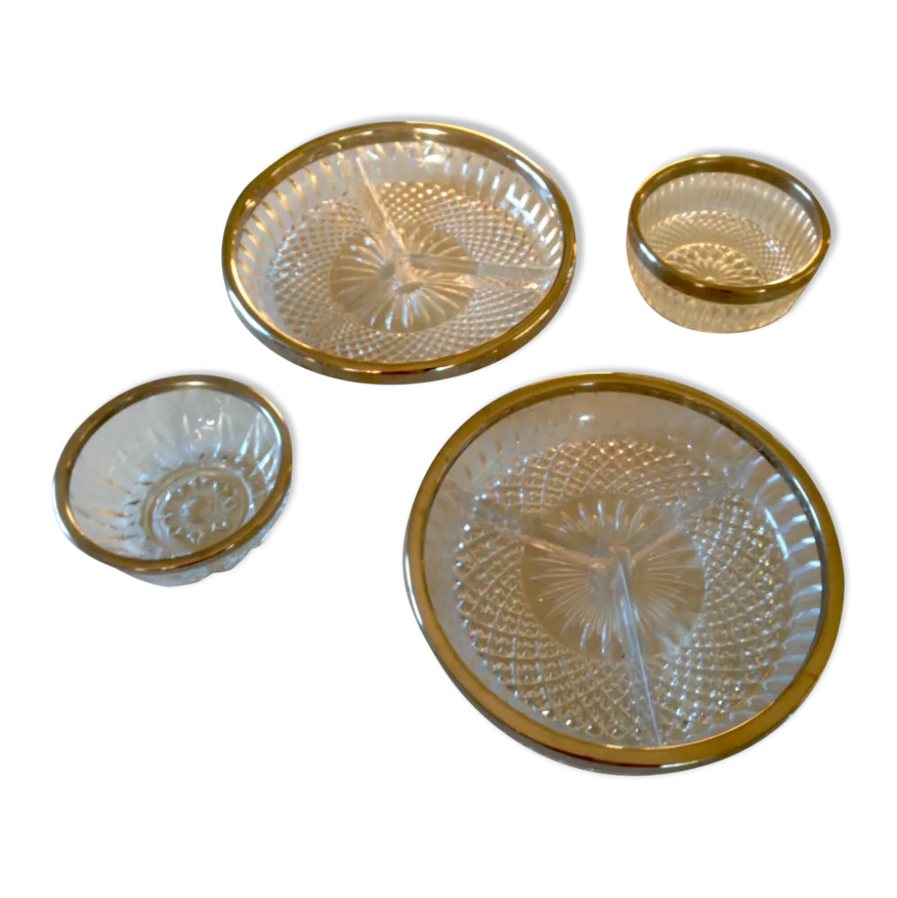 Plats et ramequins en verre ciselé et métal argenté