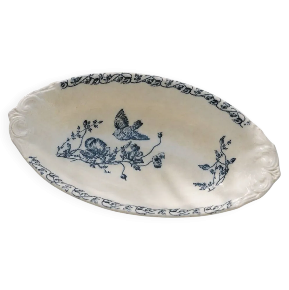 Plat terre de fer à l'oiseau du XIXe siècle signé Onnaing "Coquelicots"