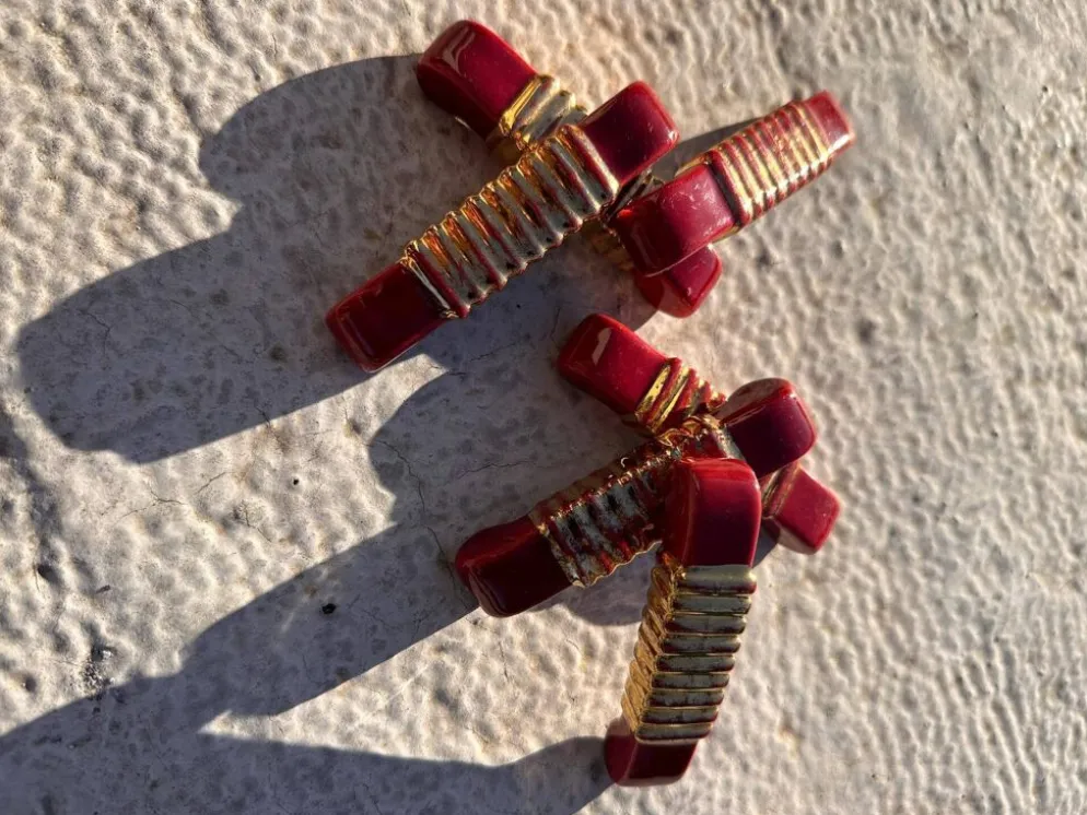 Porte-couteaux Art Déco (x6) – Verre rouge et doré, géométrique