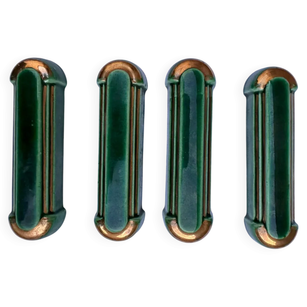 4 porte-couteaux vintage style Art Déco, émail vert émeraude et or